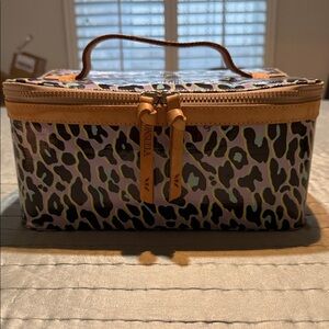 Consuela Leopard Print Train Case/Accessory Cosmetic Bag with Tan Leather Handle